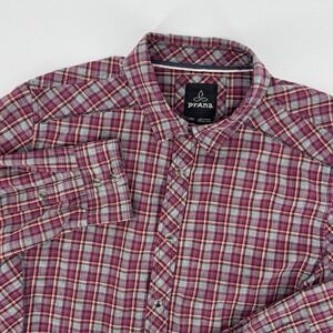 prAna Mens‎ Large Purple Gray Plaid Snap Button Shirt Outdoor Hiking Casual
